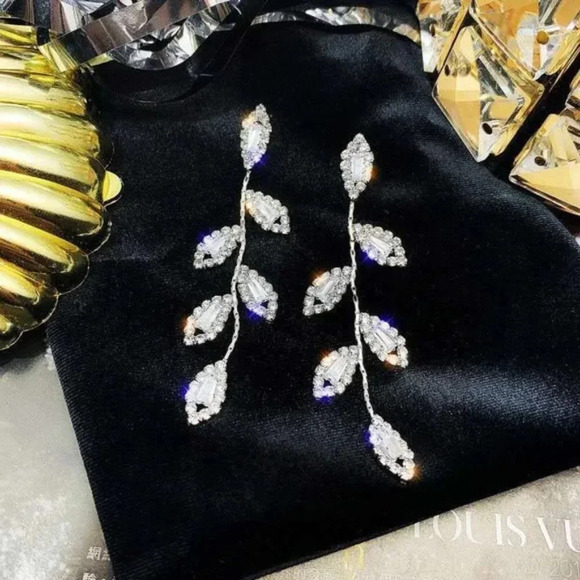 Diamond Leaf Petal Drop Statement Earrings - Picture 2 of 11